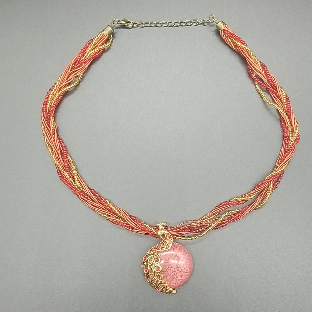 Red Rhinestone Gold Peacock Round Glass Stone Pendant Glass Bead & Rope Necklace